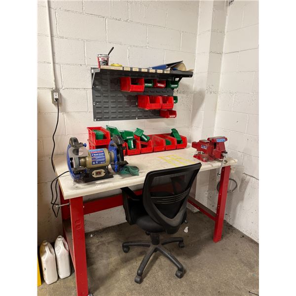 Worknech & wall organizer w/ baskets, chair, etc. - Vice & grinder not included