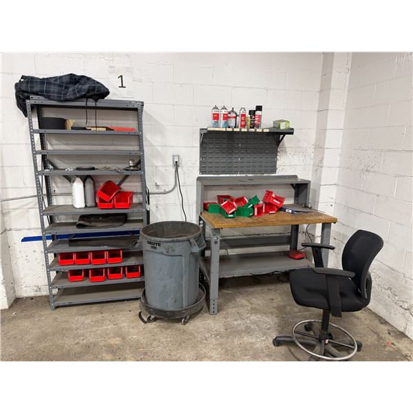Storage rack, workbench organizer, chair & contents