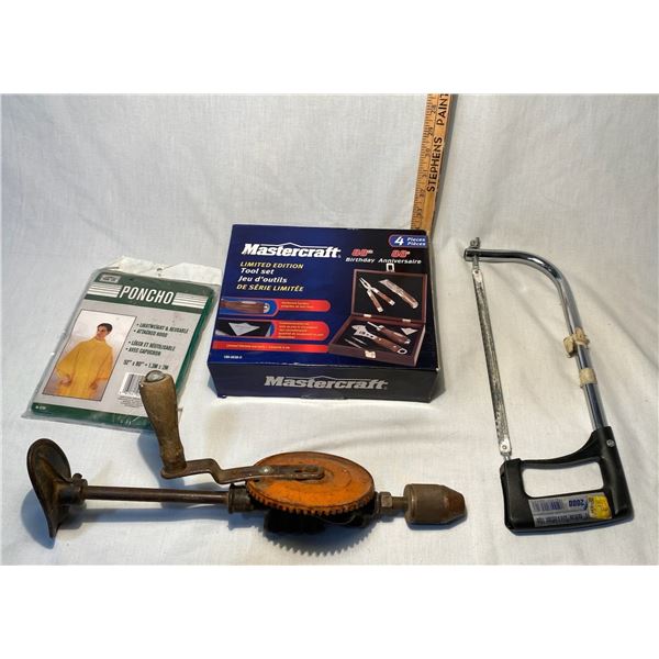 Tools, mastercraft knife, wintage hand drill, metal saw, poncho