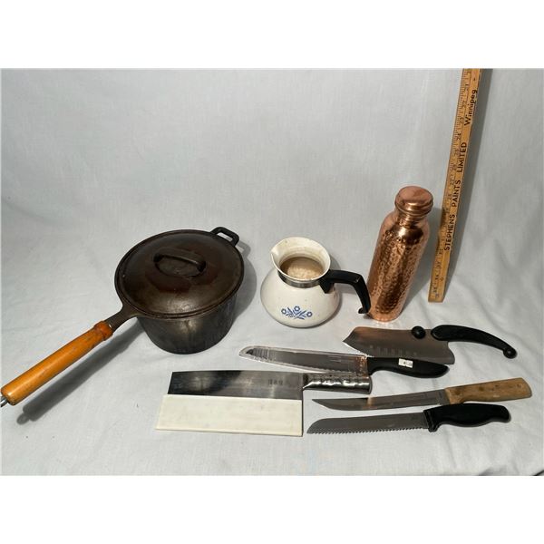 Cast Iron pot, kitchen knives, brass canteen