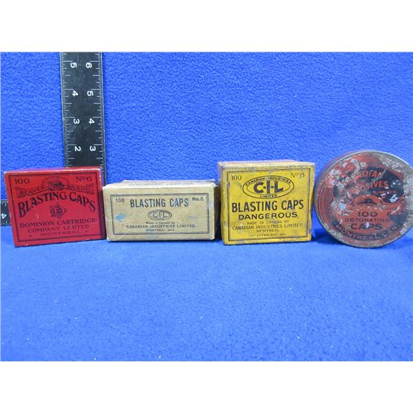 3 Vintage Blasting Cap Collector Tins & 1 Cardboard Box