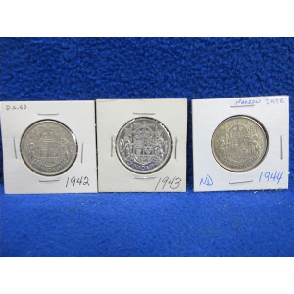 3 Canada 50 Cent Coins - 1943, 1944, 1945 - .800 Silver