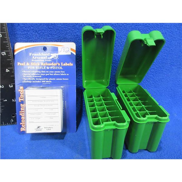 2 Empty MTM RM-20 Medium Rifle Ammo Boxes & Peel & Stick Reloader's Labels