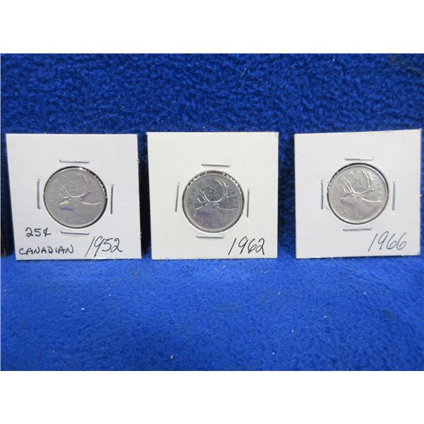 3 Canadian 25 Cent Coins - 1952, 1962, 1966 - .800 Silver