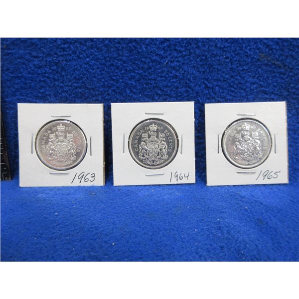3 Canadian 50 Cent Coins - 1963, 1964, 1965 - .800 Silver