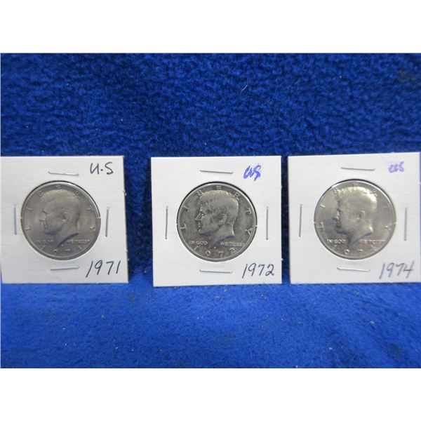 3 USA "Kennedy Half Dollar" Coins - 1971, 1972, 1974