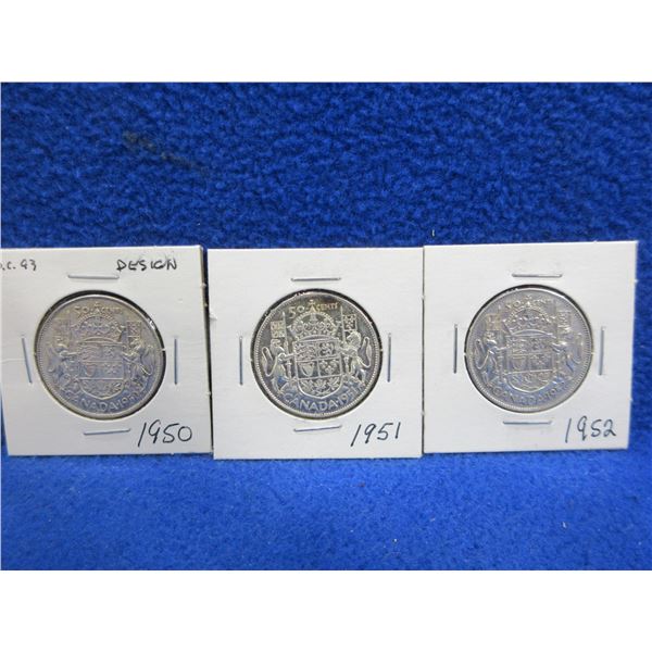 3 Canadian 50 Cent Coins "George VI" - 1950, 1951, 1952 - .800 Silver