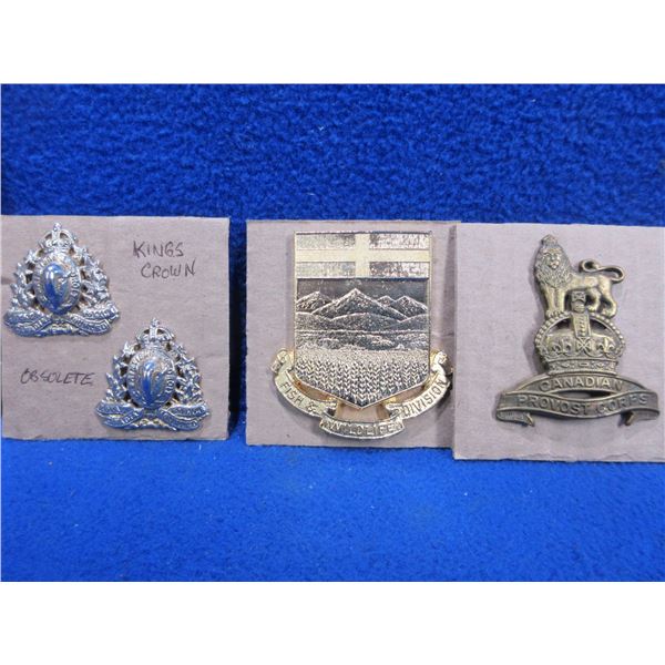 Provost Corps Cap Badge, 2 RCMP Collar Badges, Alberta Fish & Wildlife Badge