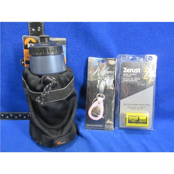 Lowepro Water Bottle w/ Mesh Bag, Zerust Vapor Capsule & Weber's Key Ring