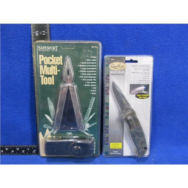Sheffield Night Wolf Lockback Clip Knife & Safesport Multi-Tool Pliers w/ Sheath