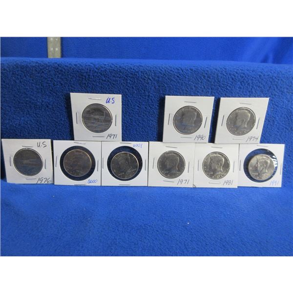 9 USA Half Dollar Coins - 1971 x 2, 1974, 1976, 1981, 1990, 1991, 2000, 2001