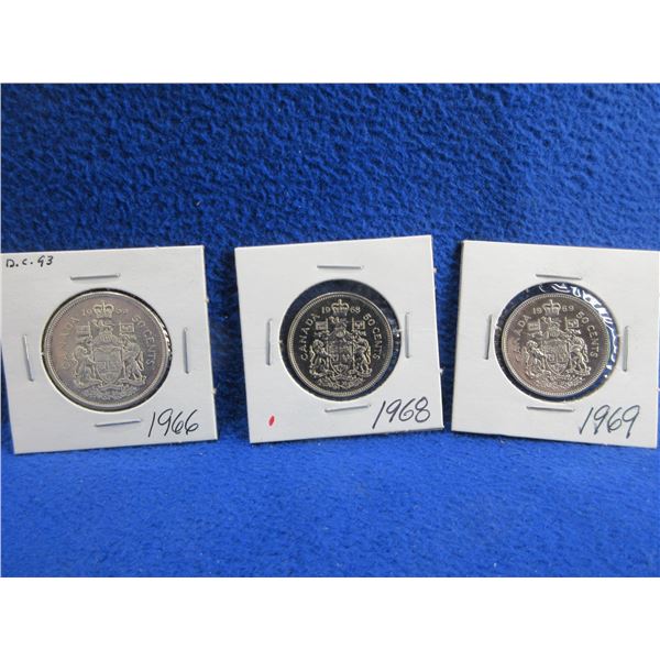 3 Canadian 50 Cent Coins - 1966, 1968, 1969 - 1966 is .800 Silver