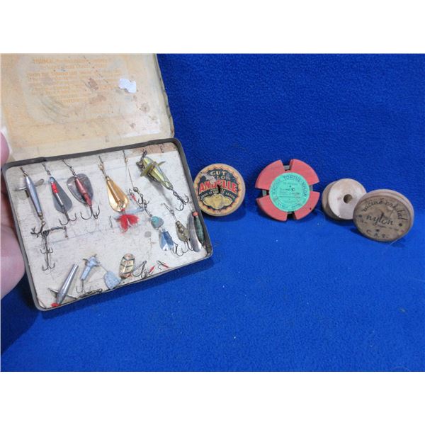 4 Vintage French Wood Fishing Line Spools and French Fishing Lures
