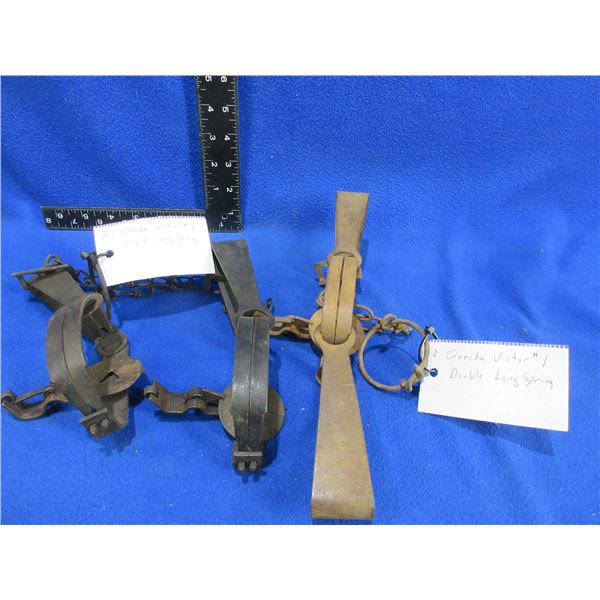 3 Vintage Oneida Victor Traps - #1 Single Long Spring x 2 & #11 Double Long Spring