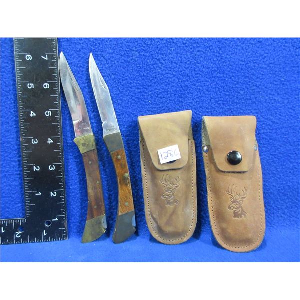 2 Folding Lock Blade Knives with Leather Sheaths - 3" Blades