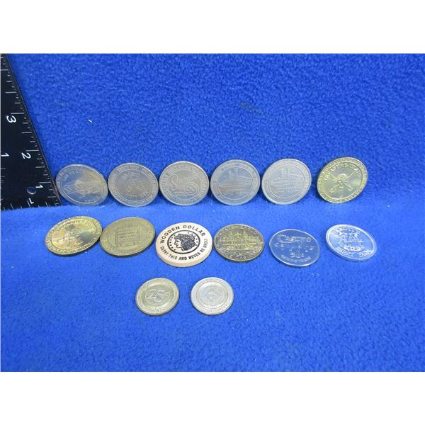 Lot of 14 Assorted Casino Tokens - Las Vegas, Reno, Monte Carlo, Regina, Etc.