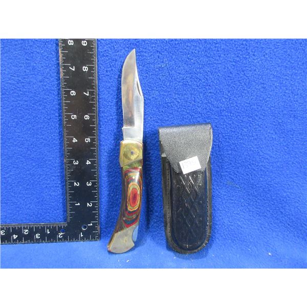 Folding Lock Blade Knife with Leather Sheath - 3 3/4" Blade
