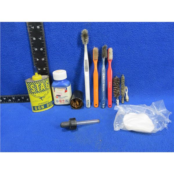 Lot of Misc. Gun Cleaning Supplies - Brushes, Gun Oil, Patches, Blue Remover