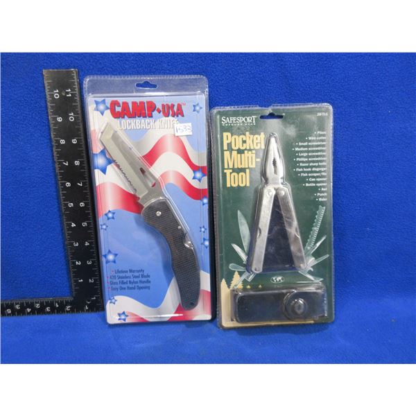 Camp USA Lockback Clip Knife & Safesport Multi-Tool Pliers with Sheath