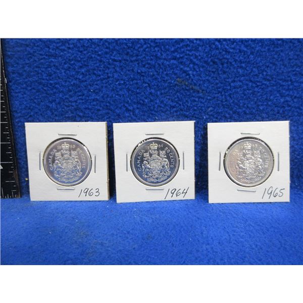 3 Canadian 50 Cent Coins - 1963, 1964, 1965 - .800 Silver