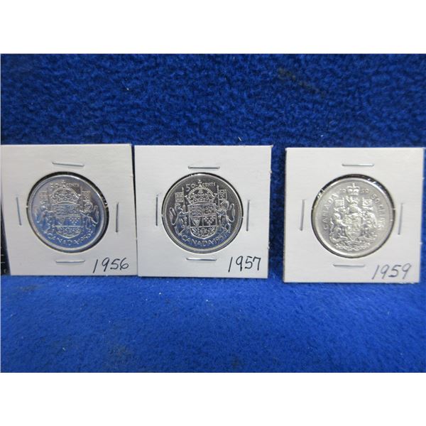 3 Canadian 50 Cent Coins - 1956, 1957, 1959 - .800 Silver