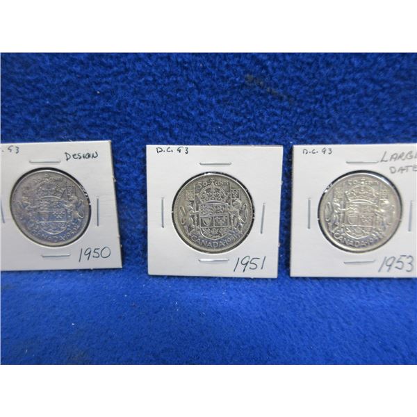3 Canadian 50 Cent Coins - 1950, 1951, 1953 - .800 Silver