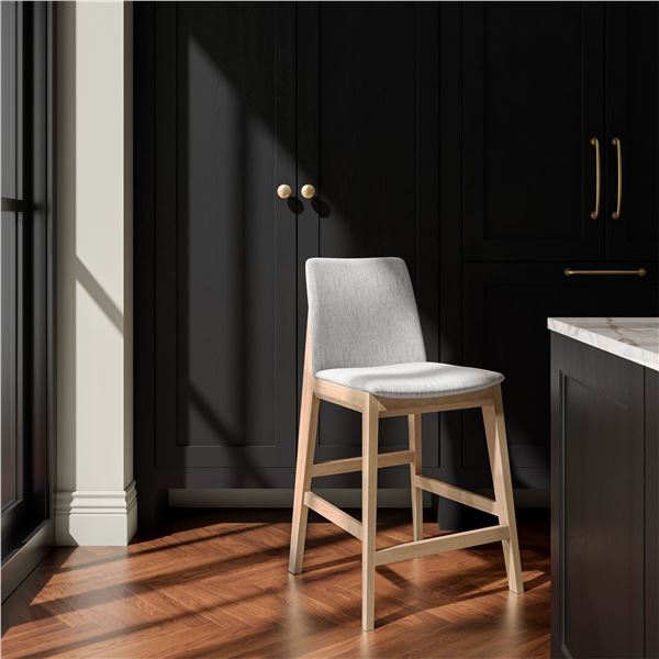 BNIB Moe's - DECO OAK COUNTER STOOL LIGHT GREY - RP $859 - Diensions 21.7"W x 20.8"D x 38.9"H - Mode
