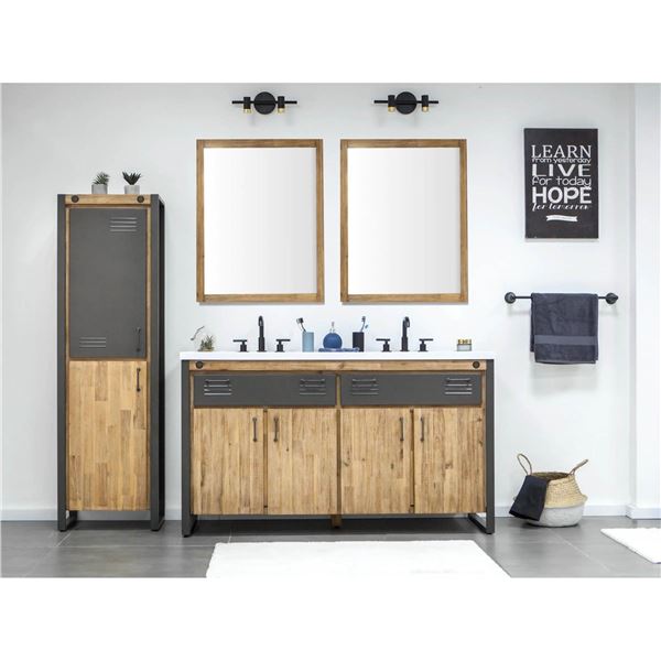 NEW LH  - Irondale Vanity W61 in Solid Acacia Wood and Metal with White Basin - Retails:  3,300.00 -