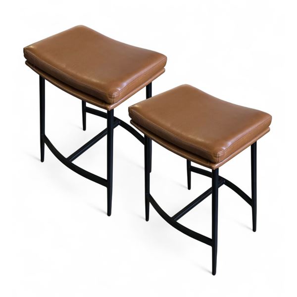 Brown Leather Counter height Bar Stools w/ Metal Legs - 17x13x26"