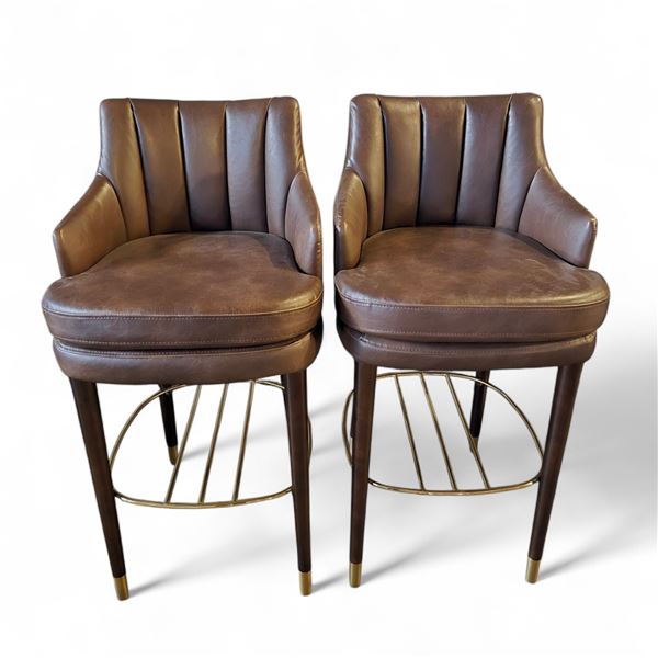 2 pc - Brown Leather Bar Chairs w/ Wooden Legs & Gold Frame
