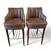 Image 1 : 2 pc - Brown Leather Bar Chairs w/ Wooden Legs & Gold Frame