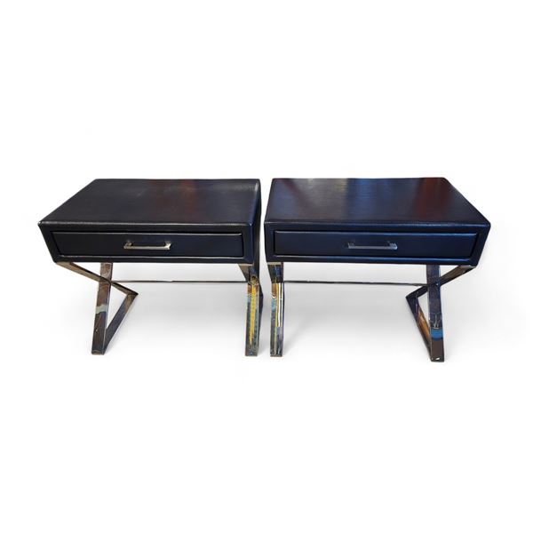 Dark Brown / Black Leather End Tables w/ Drawer & Chrome Legs - 28x17x25"