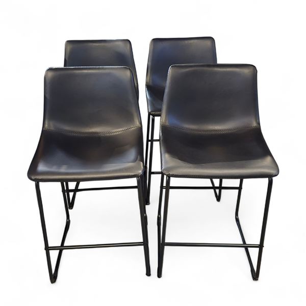 4 pc - Black Leather Counter Height Bar Stools w/ Black Metal Frames / Legs