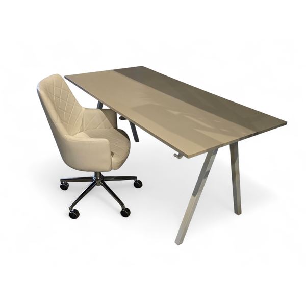 Grey Desk w/ Rolling White Leather Chair - 63x32x30"