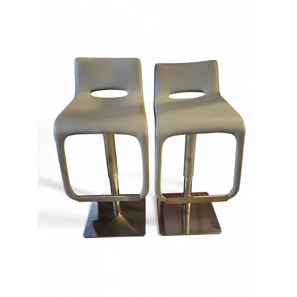 2 pc - Grey Leather Adjustable Height Swivel Bar Stools