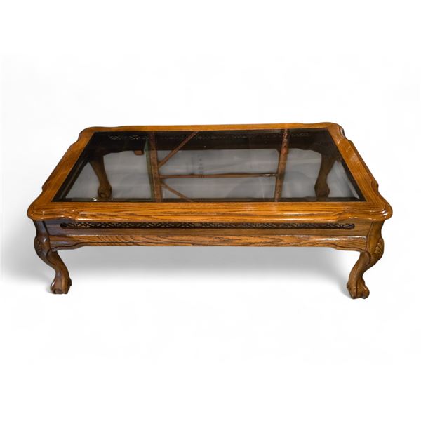 Vintage Oak Coffee Table w/ Glass Top - 48x28x16.5"