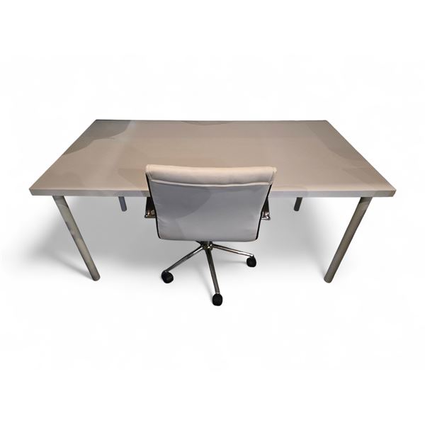 White Table / Desk w/ Adjustable White Leather Rolling Office Chair - 59x29.5x29.5"