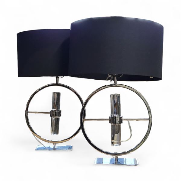 2 pc - Chrome Modern Lamps w/ Black Lamp Shades - 25" H