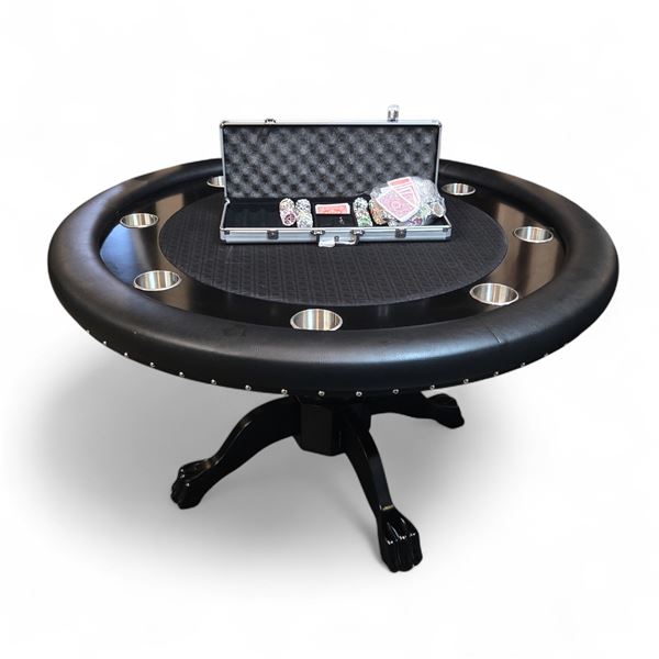 8 Person Poker Table w/ Black Leather Rail, Stainless Cup Holders & Poker Chipps / Cards - 54x32"