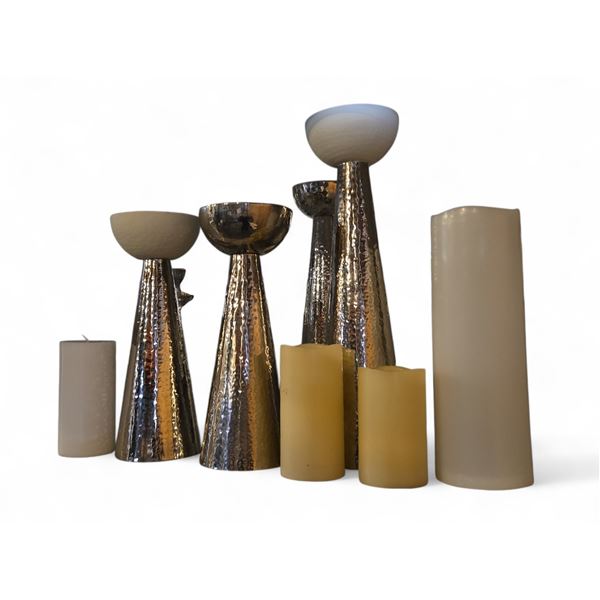 Group - Silver Hammered Candle Holders w/ Candles & Faux Candles