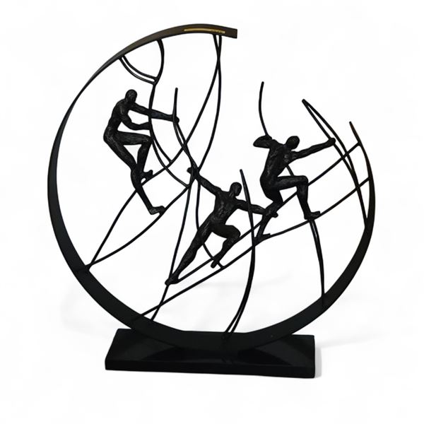 Large Iron Sculpture of 3 Climbing Men w/ Marble Base - 33x36"