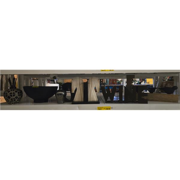 Shelf - Marble Horse Book Ends, Décor including Bowl, Vases, Sculpture, "Wine" Sign, Etc.