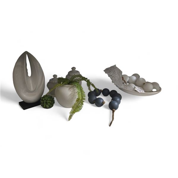 Shelf - White Sculpture, Jars, Vase, Hanging Beads, Display Bowl, Etc.