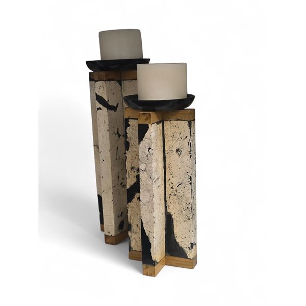 2 pc - Marble & Wood Candle Holders - 12.5" & 15.5"