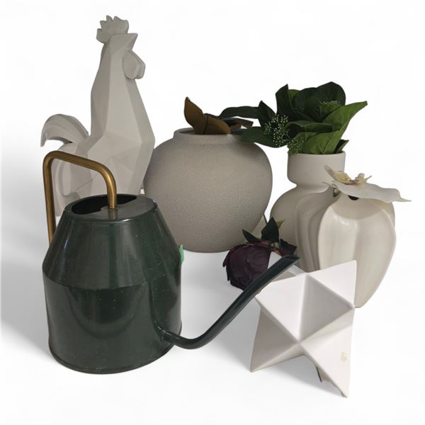 Group - Rooster Scuplture, Watering Can, Vases, Etc.
