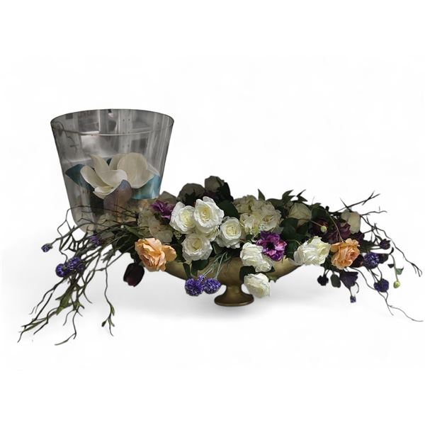 Shelf - Large Bouquet of Faux Flowers in Gold Colored Pot & Glass Display