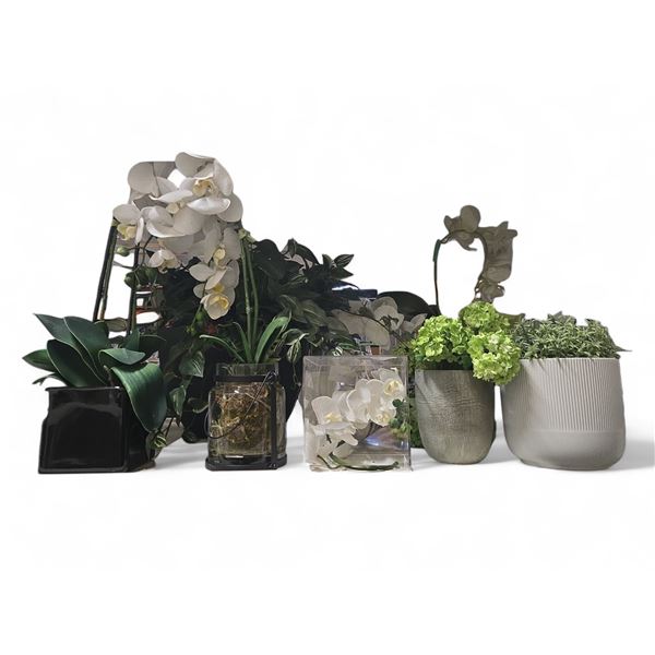 Group - Faux Plants & Flowers in Various Vases