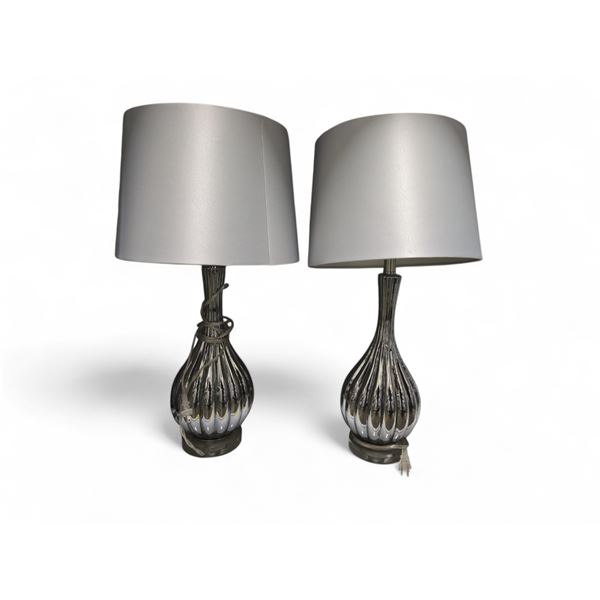 2 pc - Silver Lamps w/ Silver Lamp Shades - 28"H