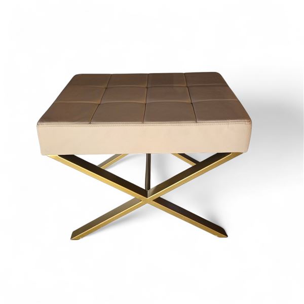 White Leather Foot Stool / Ottoman w/ Gold Legs -  18x24x19.5"