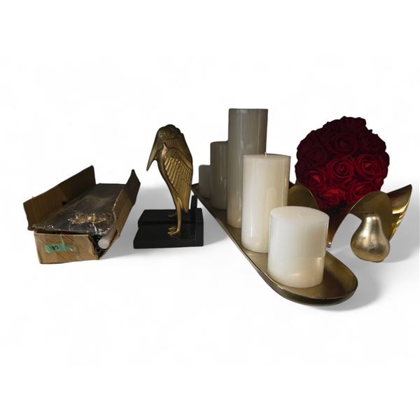 Group - Gold Bird Book Ends w/ Marble, Gold Displays, Candles, Forever Rose Bouquet, Etc.